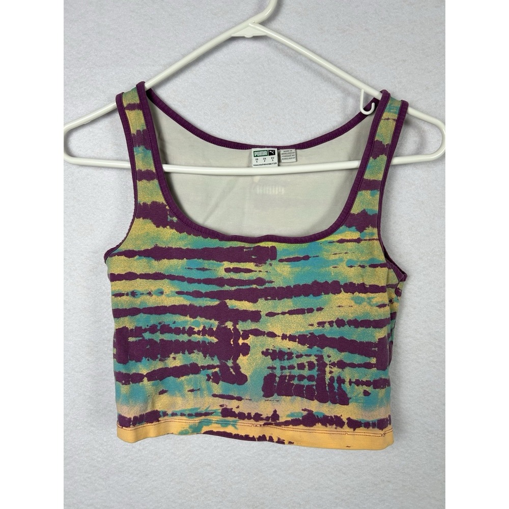 Puma Womens Tie Dye Tank Byzantium Purple Teal Orange Crop Top Active Wear Sz S
